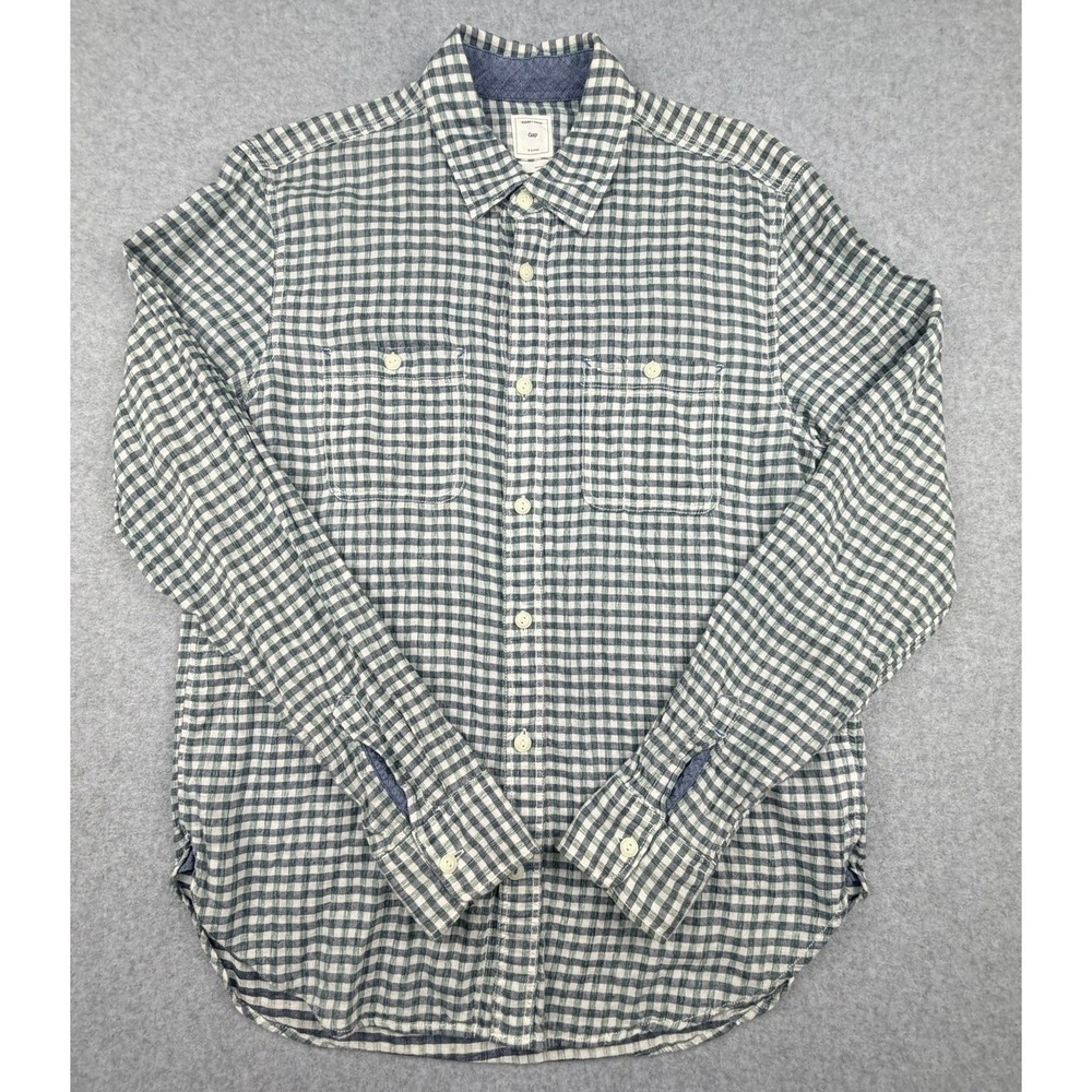 Gap Mens Medium Green Gingham Long Sleeve Button Down Shirt Dual Pockets